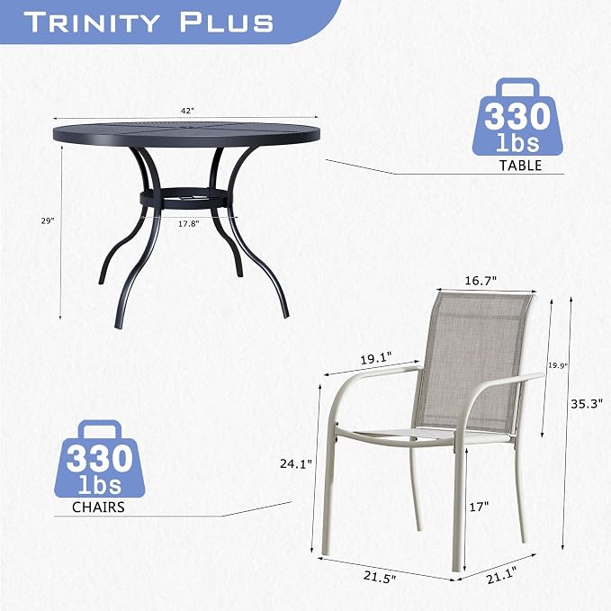 5 Piece Patio Dining Set for 4, 42” Black Round Table with Umbrella Hole and 4 Grey Patio Stackable Chairs, Patio Table and Chairs for Backyard, Lawn, Deck & Garden