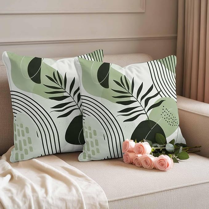 Sage Green Bohemian Outdoor Pillow Covers Set of 2 Abstract Geometric Black Lines Leaves Waterproof Throw Pillow Cover Decorative Cushion Cases for Patio Porch Garden 20X20 Inch
