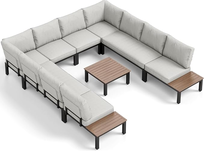 PHI VILLA 9 Pieces Outdoor Patio Furniture Set,Metal Frame Modern Outdoor Sectional Sofa Set,10 Seats Patio Conversation Sets with Coffee Table&Thickened Cushion,for Poolside and Backyard,Light Grey