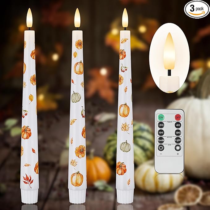 Fall Flameless Taper Candles, Pumpkin & Maple Leaf Battery Operated Candles with Remote, Real Wax Autumn Led Candlesticks, Fall, Harvest, Thanksgiving, Halloween Decorations for Home Party