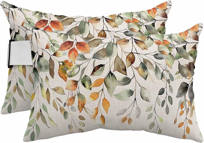 Orange Green Eucalyptus Leaves Outdoor Chaise Lounge Head Pillow with Insert,Fall Botanical Rustic Waterproof Headrest Lumbar Pillow Cusion Cover with Elastic Strap for Patio Recliner,12"x20"2PCS