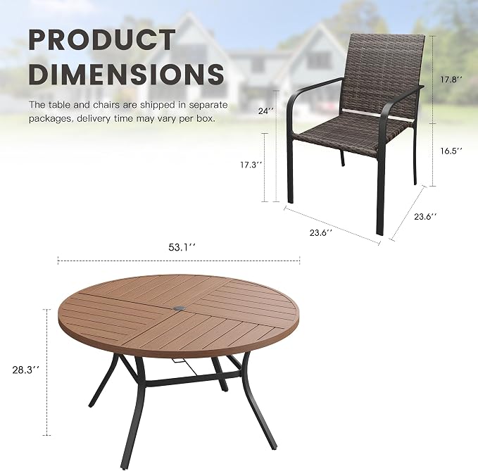Outdoor Dining Set for 8, 53" Metal Round Outdoor Dining Table with Umbrella Hole and Wicker Stackable Patio Chairs, 9 Pieces Patio Table and Chairs Set for Garden Backyard, Walnut