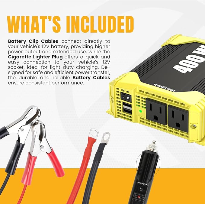 K KRIËGER 400 Watt 12V DC to 110V AC Car Power Inverter 2 Outlets, USB Ports, Cigarette Lighter Plug & Clamps for Vehicles, Road Trip Essentials Accessories- ETL Certified to UL & CSA Standard