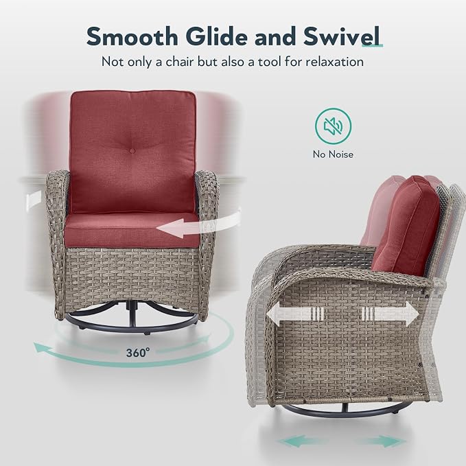 6 Piece Patio Furniture Set - Wicker Patio Conversation Set with Swivel Glider, 3-Seater Sofa, Tempered Glass Side Table and 2 Ottomans for Deck Backyard - Grey Wicker Red Cushion