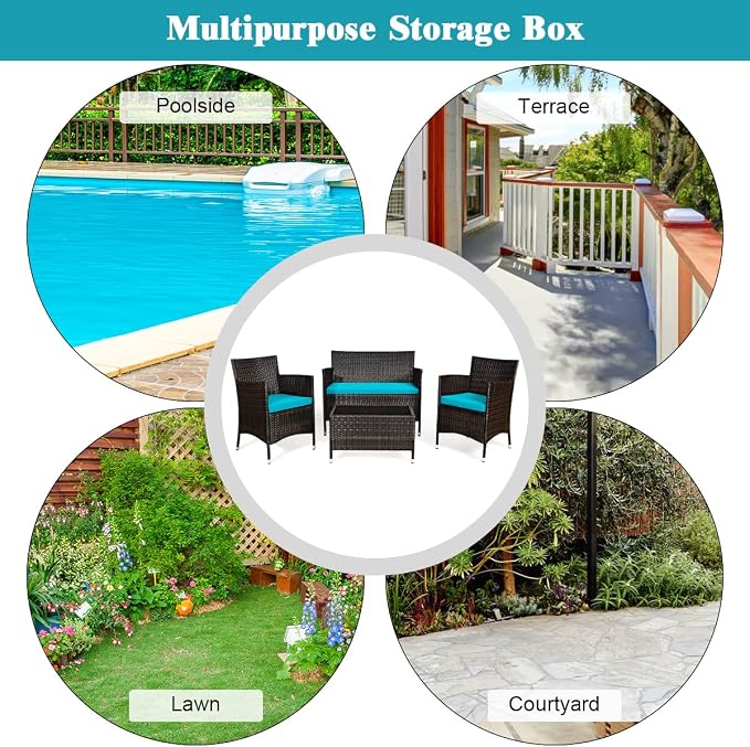 8 Pieces Patio Sofa Set, Wicker Conversation Set with Ergonomic Curved Backrest, Water-Resistant Cushion & Tempered Glass Table for Balcony, Porch (Turquoise)