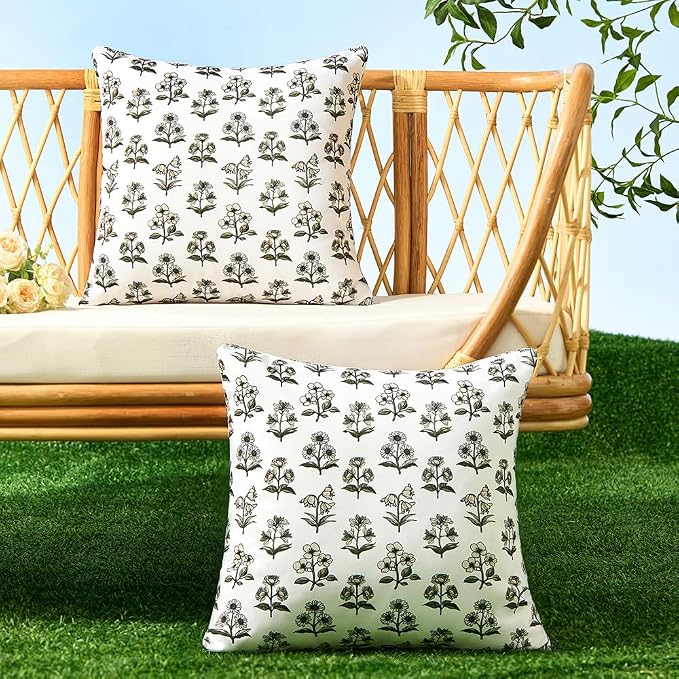 Allorry Outdoor Pillow Covers 18x18 Set of 2 Black Floral Accent Print Boho Decorative Throw Pillow Cases for Spring Summer Outdoor Waterproof Farmhouse Sofa Bed Cushion Covers Home Decor JB006-E18