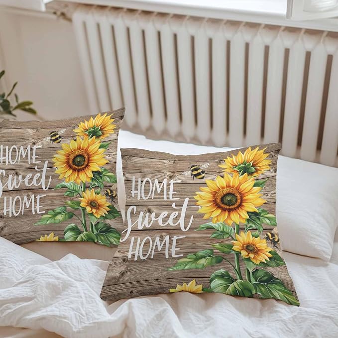 Throw Pillow Covers 20x20 Inch Set of 2, Sunflower Brown Waterproof Outdoor Pillow Covers, Farmhouse Bee Country Wooden Grain Decorative Cushion Pillowcases for Couch, Sofa, Bed, Garden, Patio