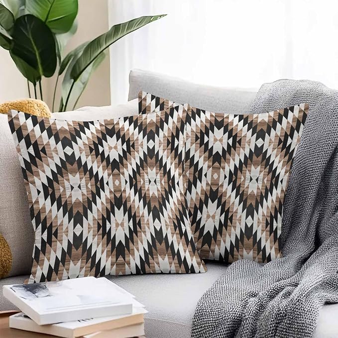 Brown Black Outdoor Pillow Cover 16x16 Inch Cushion Sham Case, Waterproof Decorative Square Throw Pillowcase for Outside Garden Patio Porch Couch Chair Tent Moroccan Southwestern Aztec Abstract Boho