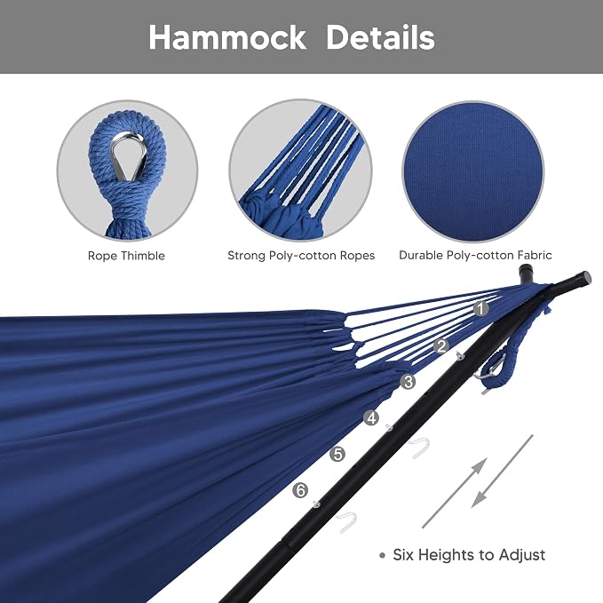 SUNCREAT 2-in-1 Convertible Backyard Fabric Hammock with Stand, Large Hammocks for Outside, Dark Blue