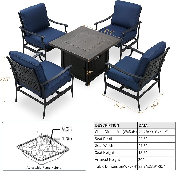 Patio Conversation Set Outdoor Furniture CSA Certification 50,000 BTU 33.9 Inch Propane Fire Pit Table Sets with Rocking Chairs Thick Cushions(5 Pcs,Blue)