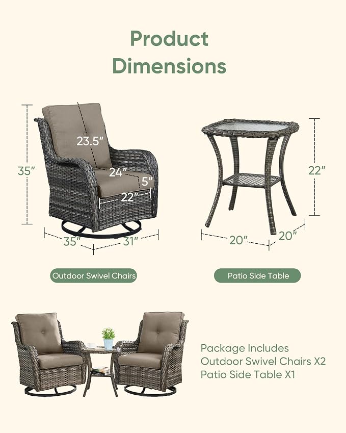 HUMMUH 3-Piece Swivel Rocking Rattan Chair Outdoor, Patio Bistro Furniture Conversation Set with Cover, Cushioned Wicker Chair with Glass Coffee Table(Grey, Grey)