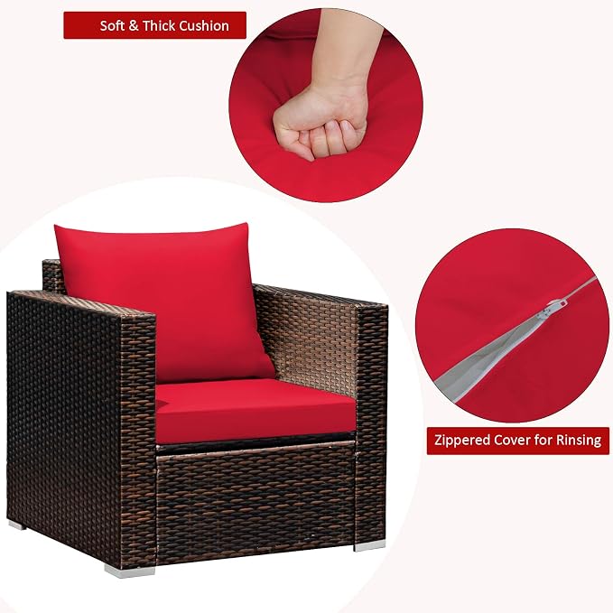 Tangkula 3 Pieces Patio Furniture Set, Outdoor Conversation Rattan Furniture Set w/Washable Cushion and Tempered Glass Tabletop, PE Rattan Wicker Sofa Set for Garden Poolside Balcony