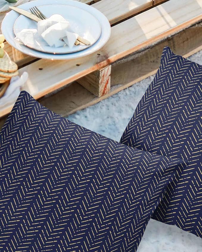 Navy Blue Gold Striped Outdoor Pillow Covers Waterproof,All Weather Cushion Case Set of 2 Decorative Pillowcases for Sofa Couch Bed Decor Patio Furniture 18"x18" Contemporary Minimalist Boho Geometric