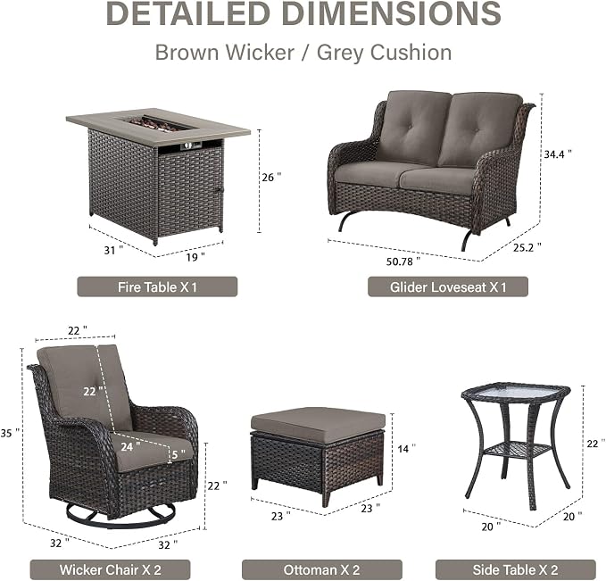 Belord Patio Furniture Set with Fire Pit Table,8 Piece Wicker Outdoor Furniture Set, Swivel Rocker Chairs with Ottomans and Loveseat, All Weather Patio Conversation Set, Pool,Yard, Brown Wicker/Gray