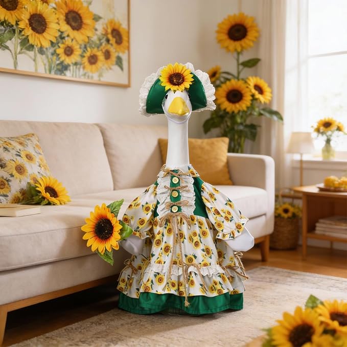 Soulchen 1 Set Sunflower Porch Goose Outfit 23 Inch Summer Cement Goose Clothes Dress and Hat Costume Set for Summer Fall Outdoor Holiday Garden Yard Decor