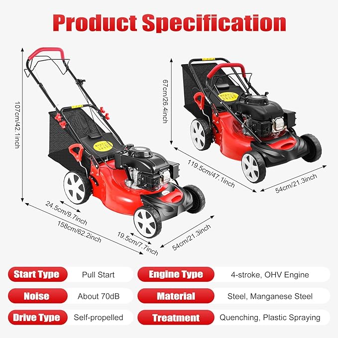 5HP Self-Propelled Gas Lawn Mower with 140CC 4-Stroke Engine, 20" Mowing Width, 8-Height Adjustments, 15.9 Gal Grass Bag for Garden and Lawn Care