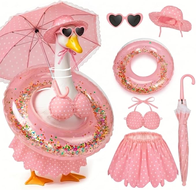 Summer Porch Goose Outfits 23 Inch, Pink Polka Dot Porch Goose Bikini Set with Parasol Umbrella, Swim Ring, Sun Hat and Heart Sunglasses, Porch Goose Accessories for Yard Garden Patio Decor