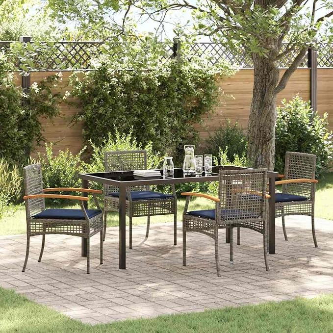 5-Piece Garden Dining Set with Cushions, Modern Rattan Patio Table and 4 Armchairs, Outdoor Furniture for Backyard Terrace, Grey and Black