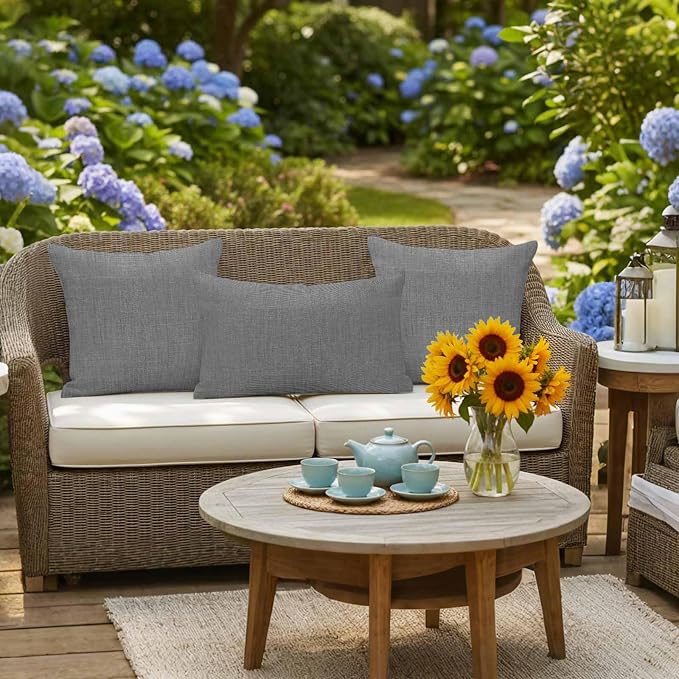 Outdoor Waterproof Throw Pillow Covers Set of 2 Grey Linen Pillowcases 26x26 Inches Farmhouse Pure Color Decorative Pillows Cushion Case Patio Pillows for Couch Bed Chair Garden