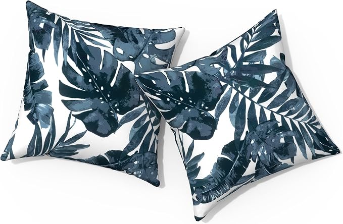 Outdoor Pillows for Patio Furniture 18x18 inch, Square Outdoor Throw Pillows with Inserts, Decorative Toss Pillows for Garden Couch Home Sofa Office Chair, Pack of 2, Palm Blue