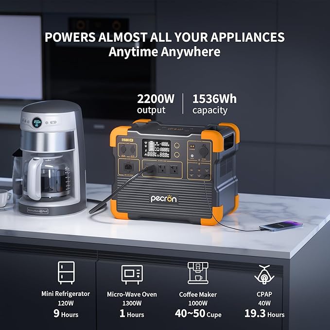 pecron E1500LFP Solar Generator with 300W Solar Panel,1536Wh Portable Power Station, 2200W LiFePO4 Battery Backup for Home Use, Camping, RV