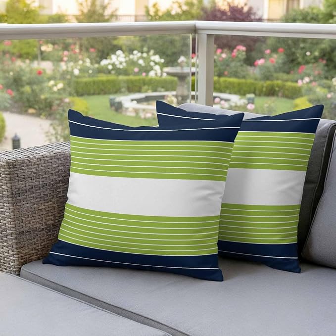 Outdoor Pillow Covers Set of 2, Navy Blue Green Striped Decorative Throw Pillow Covers 18X18IN, Gradient Watercolor Streak Throw Pillows Protector Cushion Case for Patio,Couch,Sofa,Garden