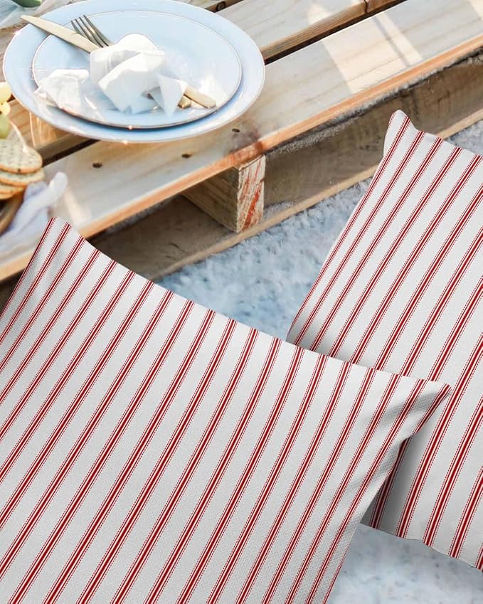 Outdoor Waterproof Throw Pillow Covers 24x24in, Red Lines Cushions for Garden Patio Furniture Chairs Set of 2, Modern Stripes Home Decor Couch Sofa Polyester Pillow Cases