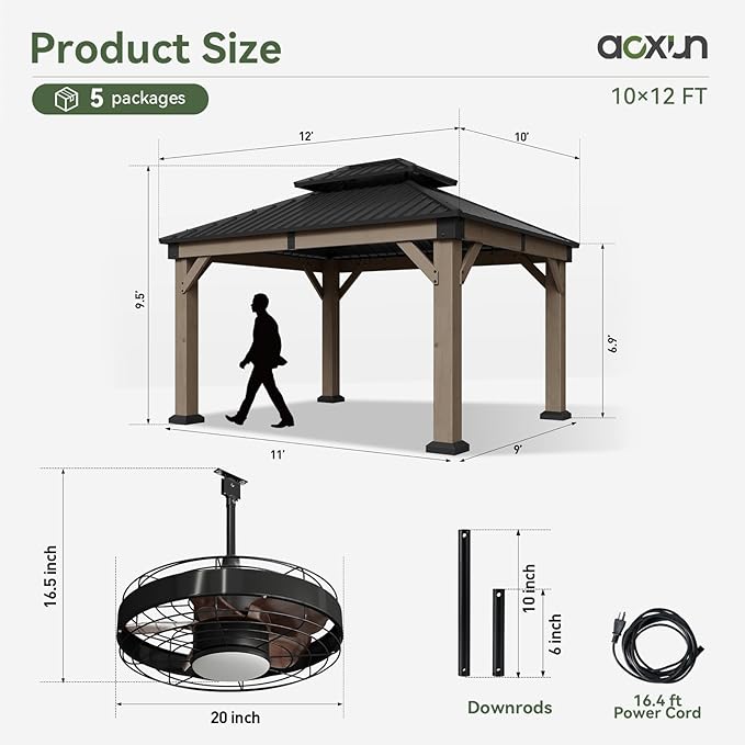 Aoxun 10' x 12' Outdoor Wood Gazebo, Hardtop Gazebo with Galvanized Steel Double Roof, Permanent Wooden Pavilion with Ceiling Fan, for Patio, Garden, Deck, Cedar Wood, Grey