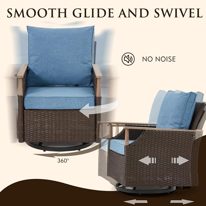 MELLCOM Patio Furniture Set of 3, Wicker Swivel Glider Chairs with Side Table and Thick Cushions, All Weather Rattan Bistro Set for for Patio, Garden, Backyard and Porch