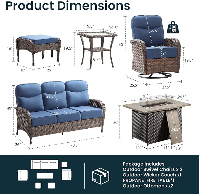 High Back Luxury Patio Furniture Set with Fire Pit Table, 6-Inch Cushion Swivel Rocker Patio Chairs with Outdoor Couch, 7 Piece Wicker Conversation Set for Deck Yard Garden Balcony Blue