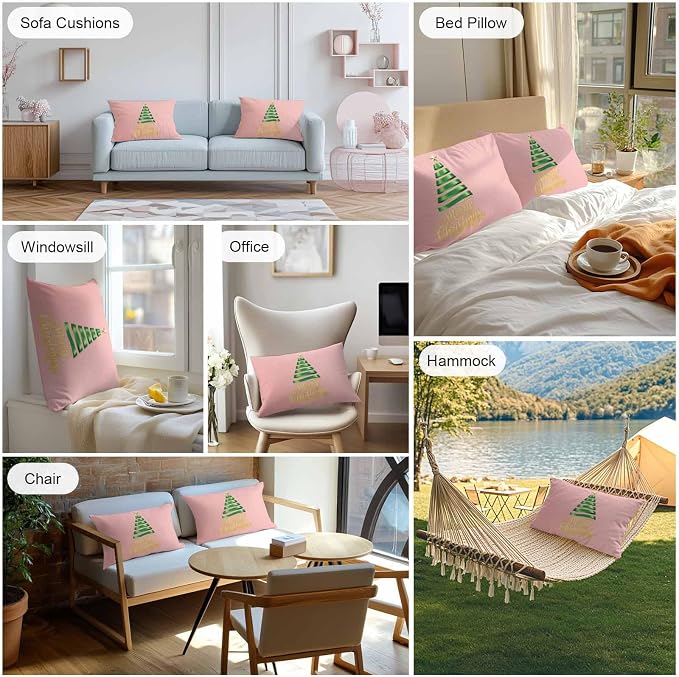Pink Christmas Tree Lumbar Pillow Covers 12 x 20 Inches, Green Xmas Tree with Star Waterproof Throw Pillow Cover Set of 2, Christmas Pink Decorative Rectangle Cushion Covers for Patio/Couch