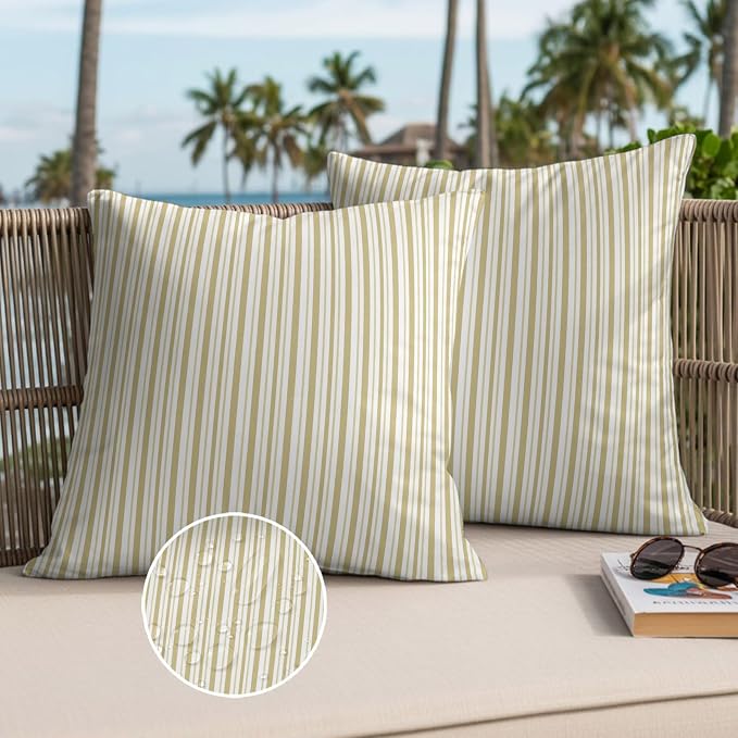 Yellow Vertical Stripes Waterproof Outdoor Pillow Covers Set of 2 Home Decor, Boho Pinstripes Apricot Lines Pillowcase Patio Pillow Covers for Couch Bench Patio Furniture Garden 24x24in