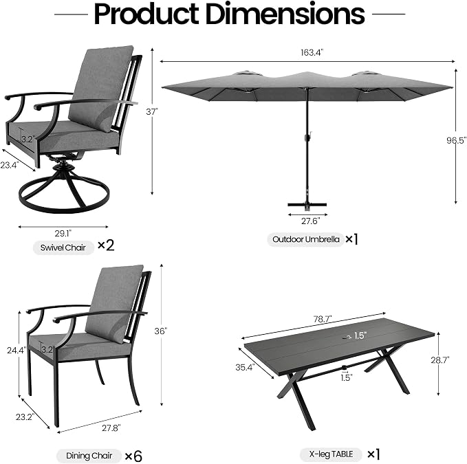10 PCS Outdoor Patio Dining Set with 13.6ft Double-Sided Patio Umbrella,Patio Table and Chairs Metal Outdoor Patio Furniture Set,Dining Table Set with Swivel Chairs,Grey