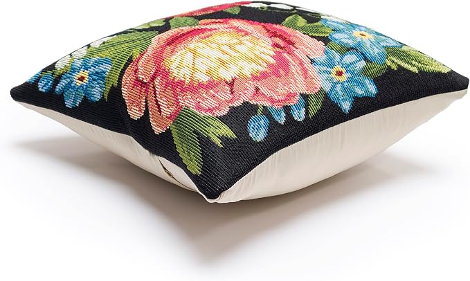 Liora Manne MARINA Indoor/Outdoor Power Loomed Easy Care Pillow - Traditional Graphic Botanical Floral Accent (Secret Garden Black) (12" x 18")