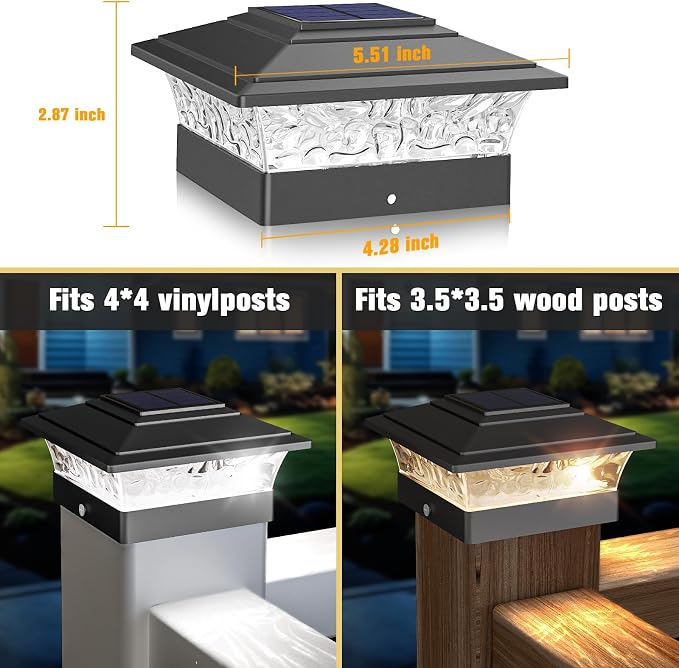 Solar Post Cap Lights Outdoor 6pack, Waterproof Solar Powered Deck Fence Post Lights Fit 4x4 Wood/Vinyl Posts, Black Deck Post Lights with Warm/Cool White for Garden, Patio, Porch, Fence