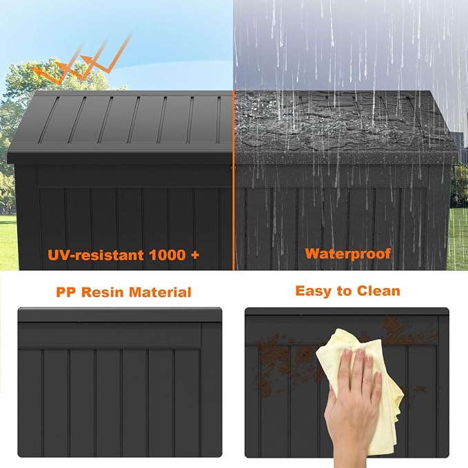 281 Gallon Outdoor Storage Box Waterproof, Large Resin Patio Deck Boxes, Lockable Outdoor Storage Container for Patio Furniture, Garden, and Pool Tools (281 Gallon, Black)