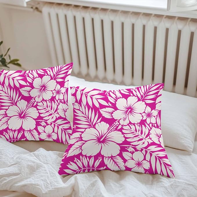 Pink Hibiscus Flowers Waterproof Outdoor Pillow Covers Set of 2 Home Decor, Tropical Monstera Leaves Pillowcase Patio Pillow Covers for Couch Bench Patio Furniture Garden 16x16in