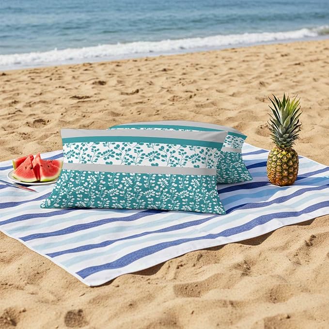 Teal Floral Outdoor Pillow Covers 20x12 Inch Lumbar Pillow Covers Set of 2 Waterproof Decorative Throw Pillow Cases Botanical Blossom Motif Boho Grey Stripes Cushion Covers for Patio Furniture Garden