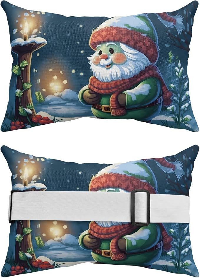 Outdoor Pillows Covers with Inserts Christmas Gnome Candlelight Snow Forest Waterproof Recliner Pillow with Adjustable Strap Throw Pillows for Patio Furniture Pool Lounge Chair, 12x20 inch, 2PCS