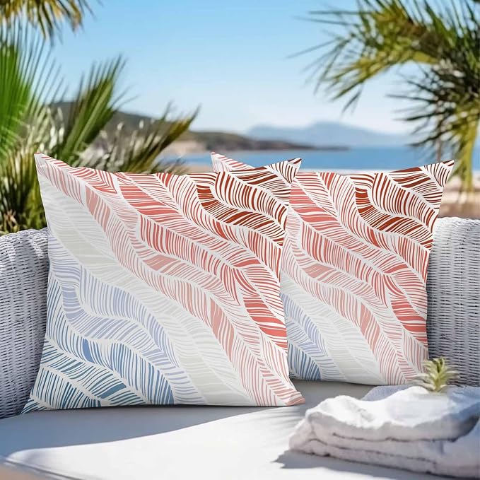 Vandarllin Outdoor Throw Pillows Covers 16x16 inch Set of 2 Waterproof Summer Beach Decorative Zippered Cushion Covers for Patio Furniture, Ombre Red Abstract Leaf Lines Lumbar Pillowcases