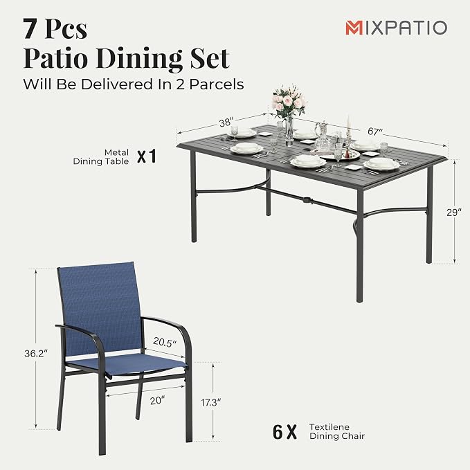 MIXPATIO 7-Piece Outdoor Dining Set 6 Blue Textilene Chairs and Steel Rectangle Table with 1.97” Umbrella Hole for Deck Garden Backyard Lawn Poolside