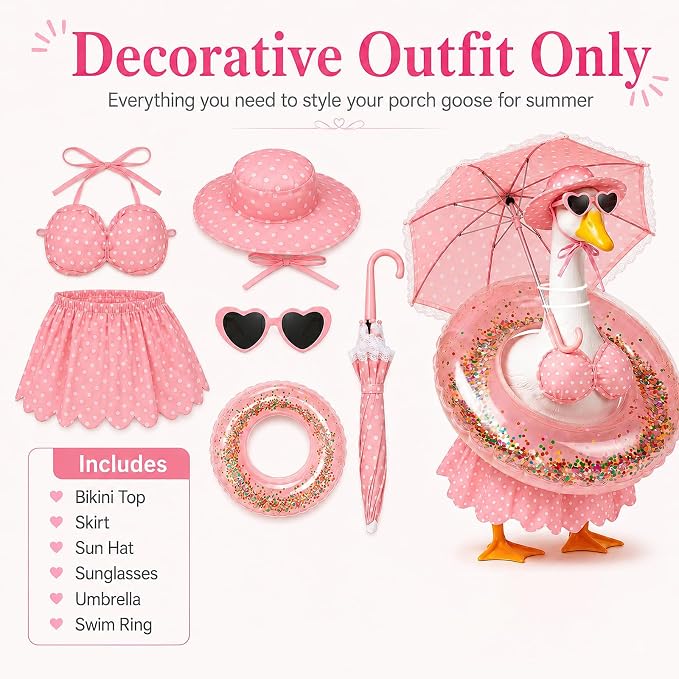 Summer Porch Goose Outfits 23 Inch, Pink Polka Dot Porch Goose Bikini Set with Parasol Umbrella, Swim Ring, Sun Hat and Heart Sunglasses, Porch Goose Accessories for Yard Garden Patio Decor