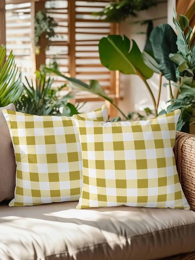 Waterproof Outdoor Pillow Set of 2 Buffalo Plaid Decorative Throw Pillows Cover & Insert 16x16 Inch Pillowcase Yellow Check Lines Square Pillows for Couch Sofa Bed Patio Furniture Indoor Outdoor