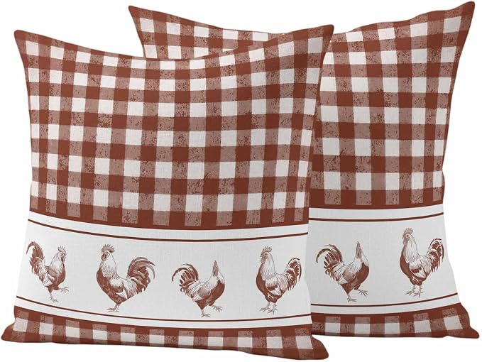 Outdoor Waterproof Throw Pillow Covers Set of 2 Chicken Cock Rooster Pillowcases 24x24 Inches Farmhouse Animal Red Buffalo Plaid Decorative Pillows Cushion Case Patio Pillows for Couch Bed Chair