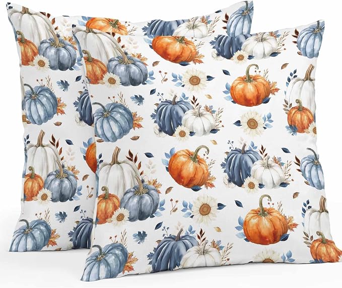 Fall Outdoor Throw Pillows Covers 20x20 inch Set of 2 Waterproof Orange Blue White Pumpkin Zippered Cushion Covers for Patio Furniture, Flowers Autumn Maple Leaf Thanksgiving Lumbar Pillowcases