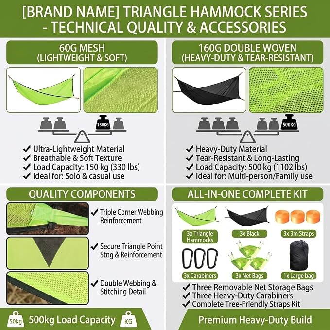 Multi-person triangular hammock, aerial camping hammock, suspended type, suitable for outdoor adventures, hiking, backyards, and gardens, includes straps, buckles, and storage bag (Black, 157in*157in)
