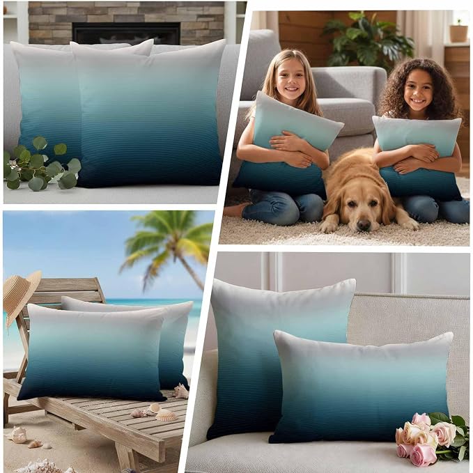 Waterproof Pillow Covers Set of 2,Black Teal and Gray Color Ombre Outdoor Pillow Protectors with Zipper Pillowcases for Patio Tent Garden Beach 20x20 Inches Modern Abstract Stripe Art