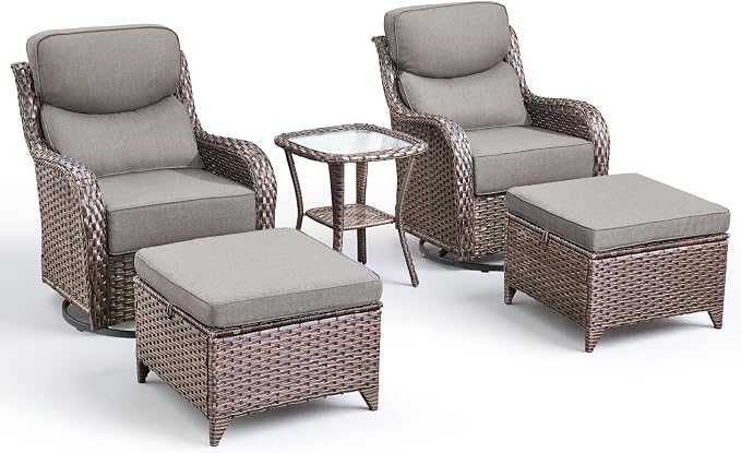 Luxury 5 Pieces Patio Furniture Set-Outdoor Swivel Rocker Patio Chairs with 6" Thick Cushions, Swivel Rocker Chairs with Ottomans & Side Table, Outdoor Conversation Sets for Porch Deck(Brown/Grey)