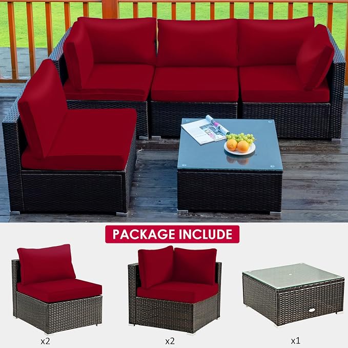 Tangkula 5 Pieces Patio Furniture Set, All Weather Wicker L-Shaped Corner Sofa Set w/Soft Cushions, Outdoor Sectional Conversation Couch Set w/Glass Table for Backyard Garden Poolside (Red)