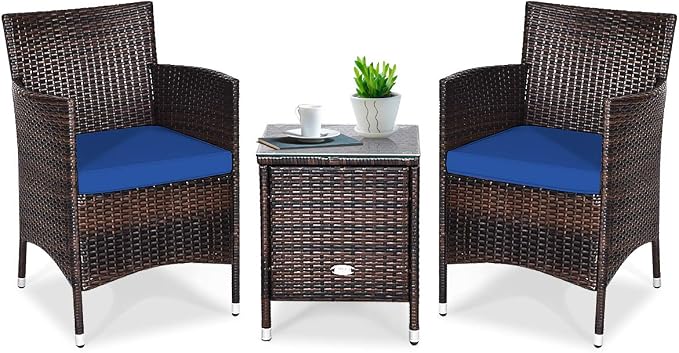 DORTALA Wicker Patio Furniture Set 3 Piece, Small Outdoor Table & Chairs Set with Cushions, All-Weather Rattan Conversation Bistro Set for Balcony, Porch, Backyard, Deck, Navy